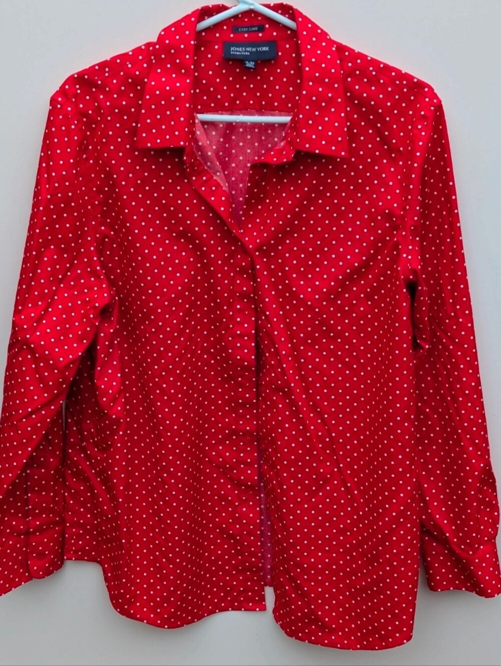 Jones New York Signature Red White Polka Dot Button Down Shirt Blouse